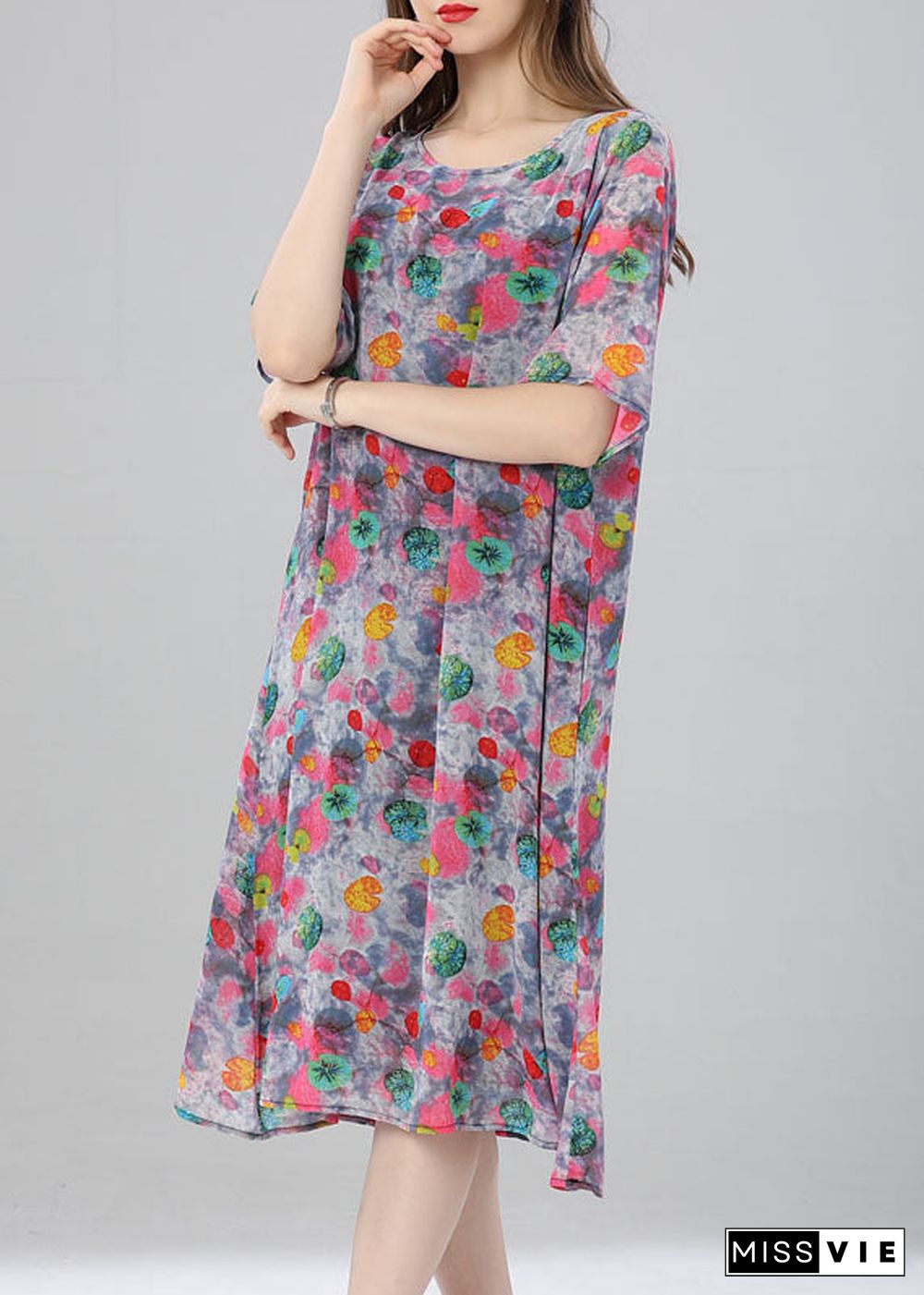 Women Floral O Neck Print Patchwork Chiffon Dress Summer