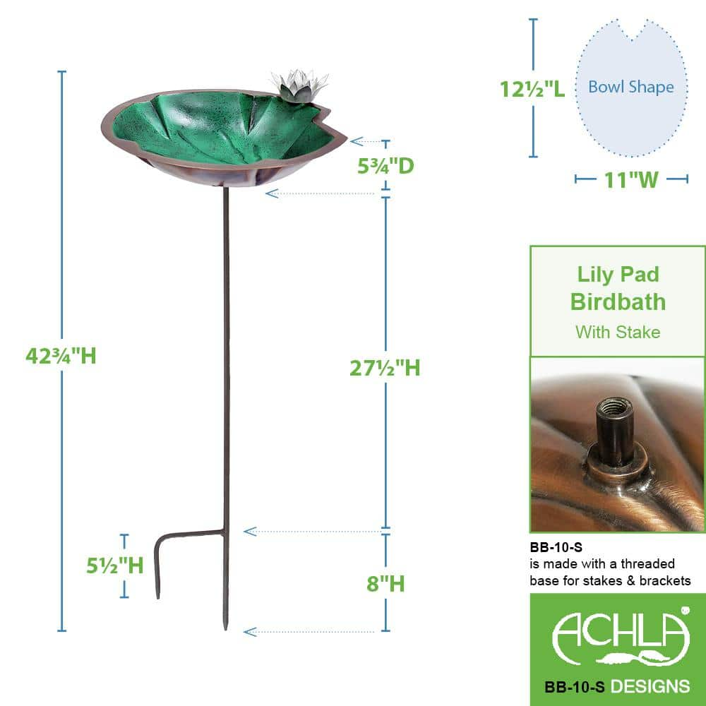 Achla Designs 41.75 in. Tall Antique Copper Plated and Colored Patina Lilypad Birdbath with White Flower and Stake BB-10-S