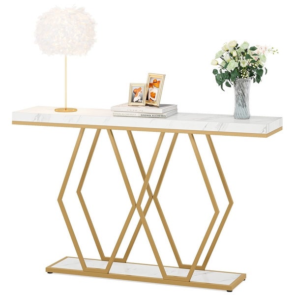 55 Inch Gold Console Table， Modern Entryway Sofa Table with Fuax Marble Finish