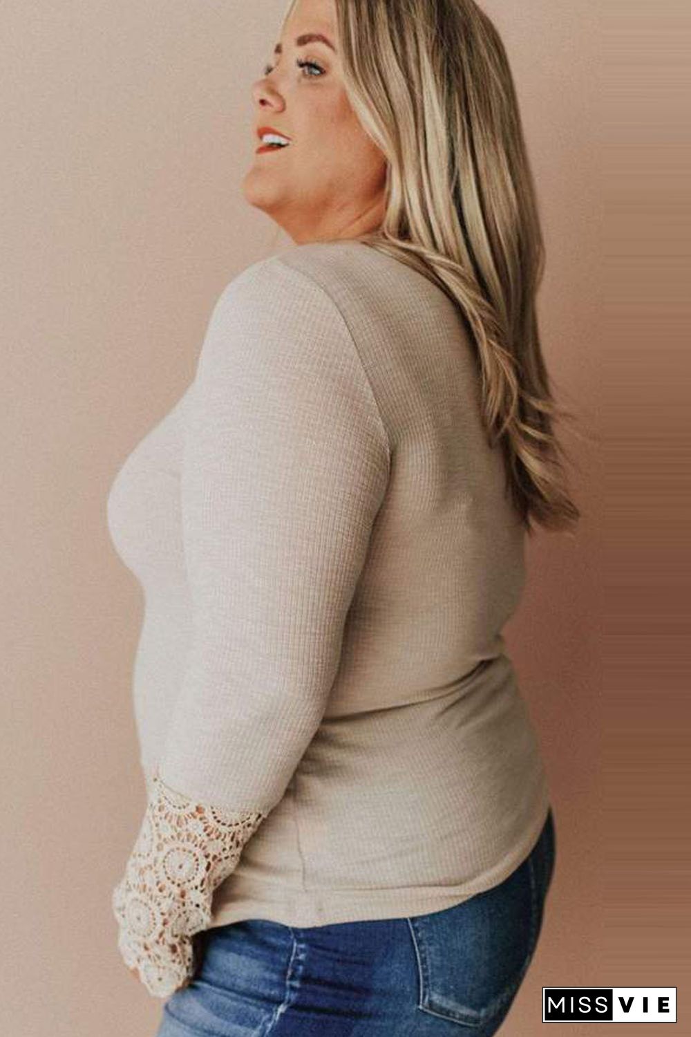 Apricot Lace Splicing Ribbed Long Sleeve Plus Size Top