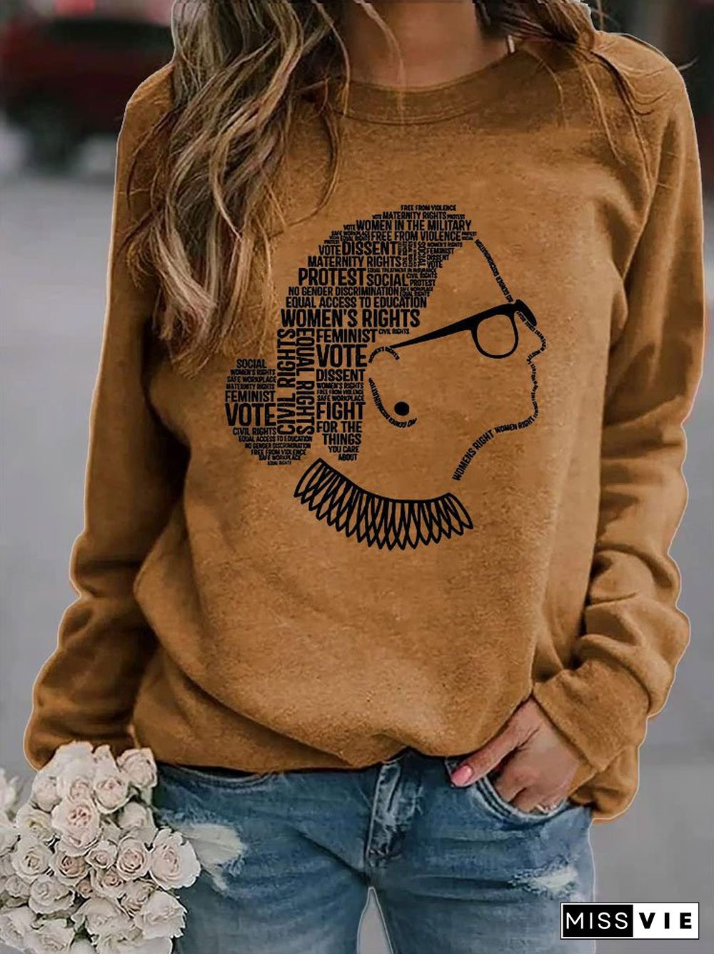 RBG Monogram Print Round Neck Long Sleeve Knitted Shift Sweatshirts