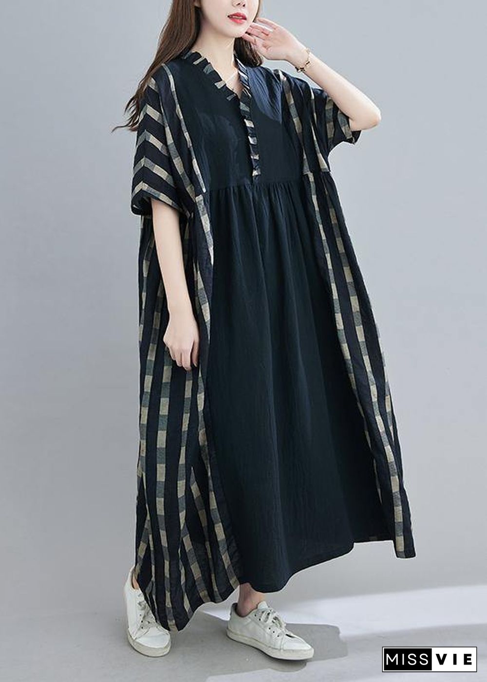 100% V Neck Patchwork Spring Clothes Sleeve Black Plaid Maxi Dress