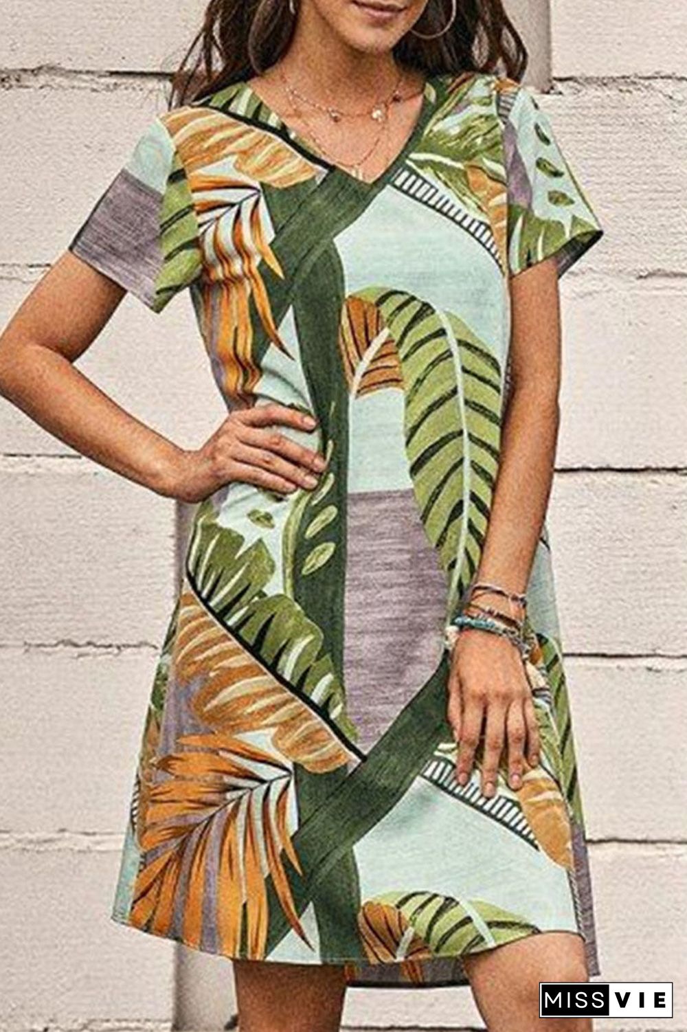 Fashion Casual Print Split Joint V Neck A Line Dresses