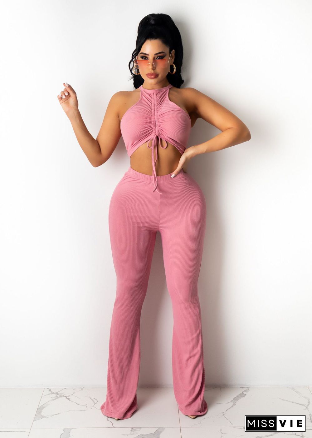 Solid Bandage Sleeveless Crop Top Flare Pants Set