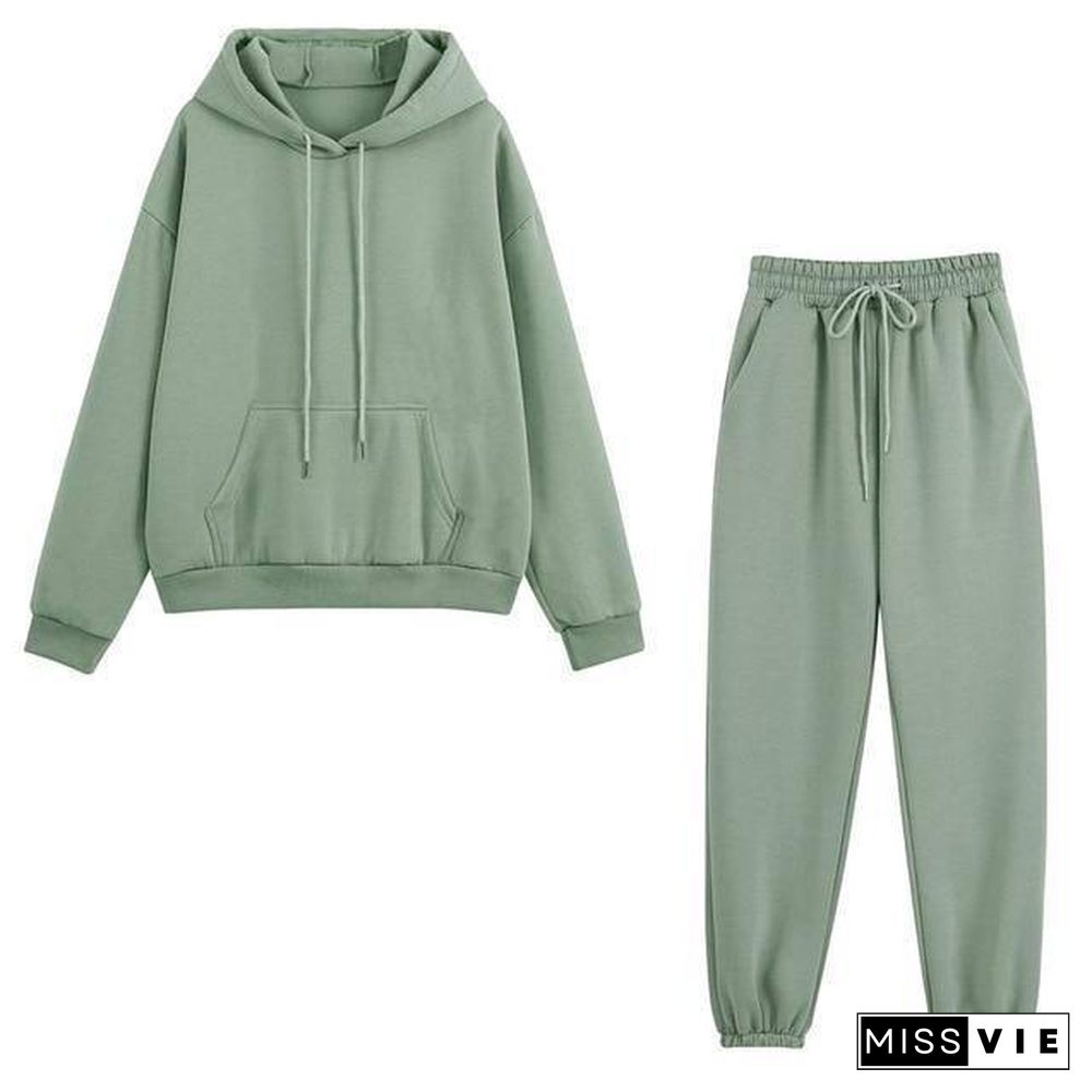 Fleece Tracksuits Women Two Pieces Set Hooded Oversized Sweatshirt Pants Solid Color Hoodie Suits Autumn Winter Casual Outfits