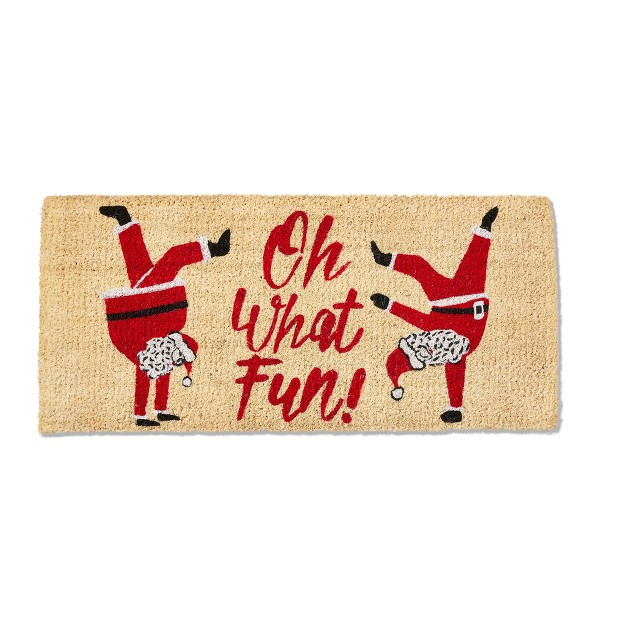 Oh What Fun Sentmeint Dancing Santa Coir Mat Rectangle Indoor Outdoor Coir Door Mat Red On Brown Background