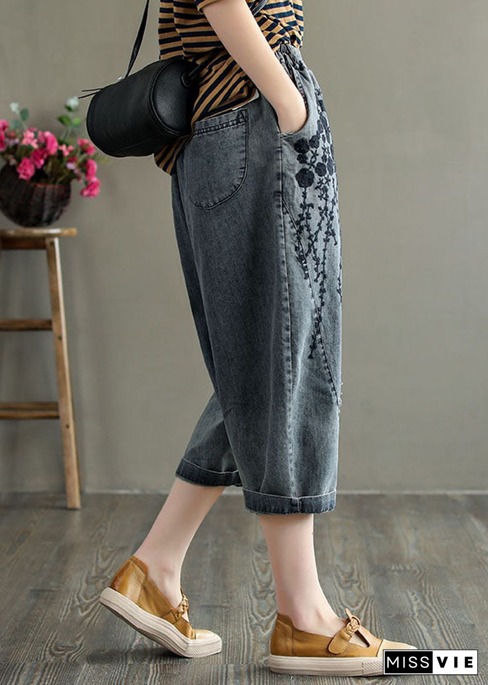 Loose Grey Elastic Waist Embroideried Hole Cotton Harem Pants Summer