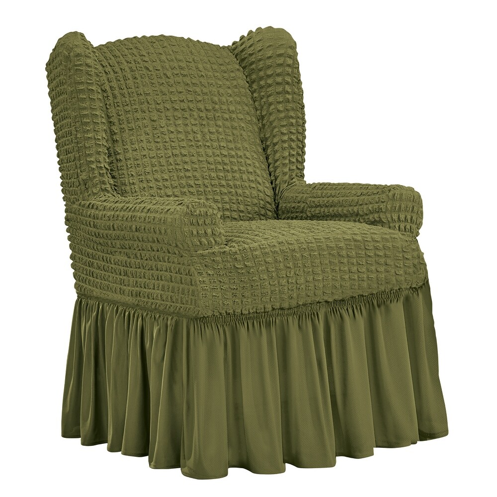 Textured Squares Ruffled Slipcover   Wing Chair