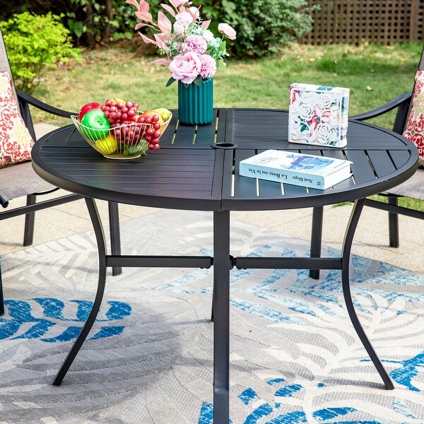 MAISON ARTS 5/7Piece Patio Dining Set，Round Metal Table and 4/6 Textilene Fabric Padded Armchairs