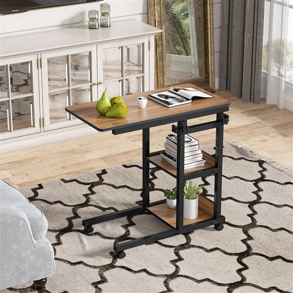 Brown/ Black Wood C-Shaped OverBed SideTable with Wheels， Industrial mobile Bed End Tables for Bedroom