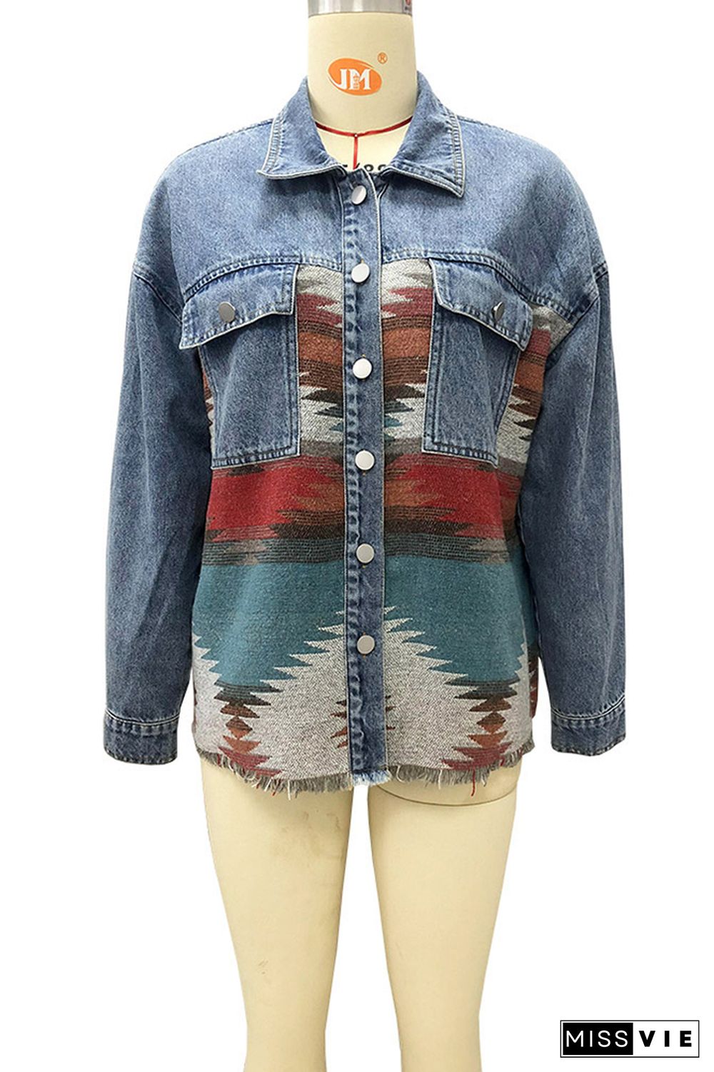 Aztec Splicing Buttons Up Denim Jacket Shacket Wholesale