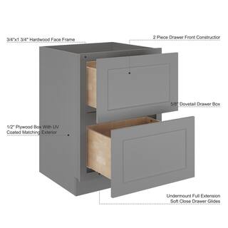 HOMEIBRO 24 in. W x 24 in. D x 34.5 in. H in Shaker Gray Plywood Ready to Assemble Floor Base Kitchen Cabinet with 2 Drawers HD-SG-2DB24-A