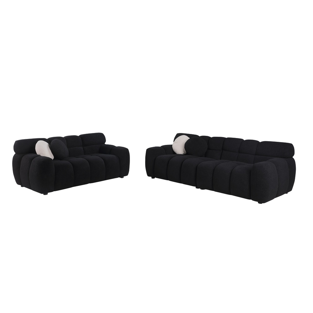 Deep Seat 2pc Sofa Sets  Black Boucle Upholstered Marshmallow Sofa   2+3 Seater