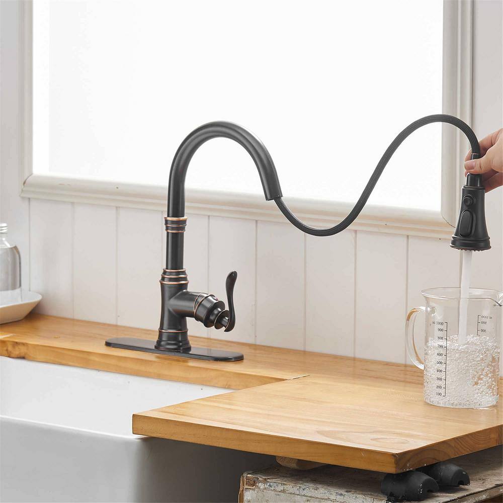 FLG Single-Handle Deck Mount Gooseneck Pull Down Sprayer Kitchen Faucet with Deckplate in Oil Rubbed Bronze LE-0014-ORB