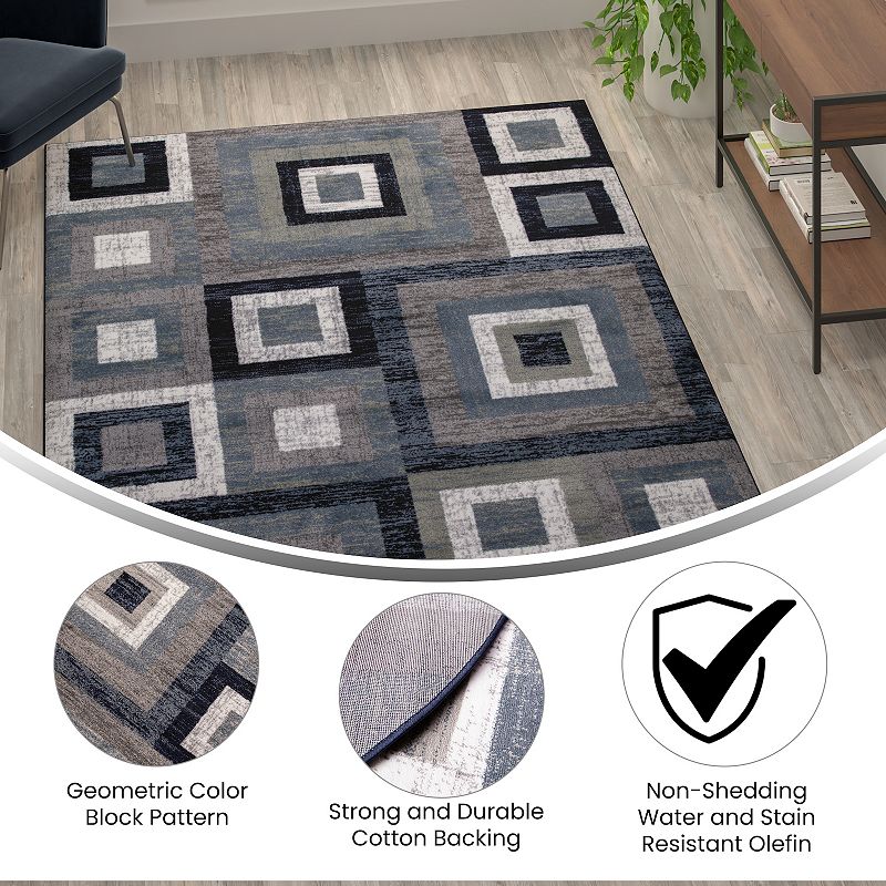 Masada Rugs Newton Collection Modern 6'x9' Accent Rug with Geometric Square Pattern in Blue， Gray and White