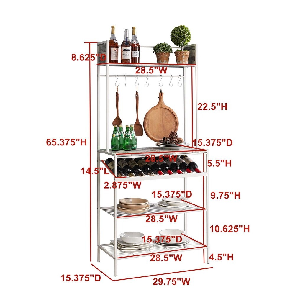 Bakers Rack with Storage Shelfs  Wine Rack and Hooks   White/Gray