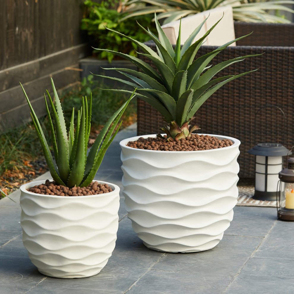 2 Piece White Waves Design MgO Planters   Beach Style   Outdoor Pots And Planters   by Winsome House Inc.  Houzz