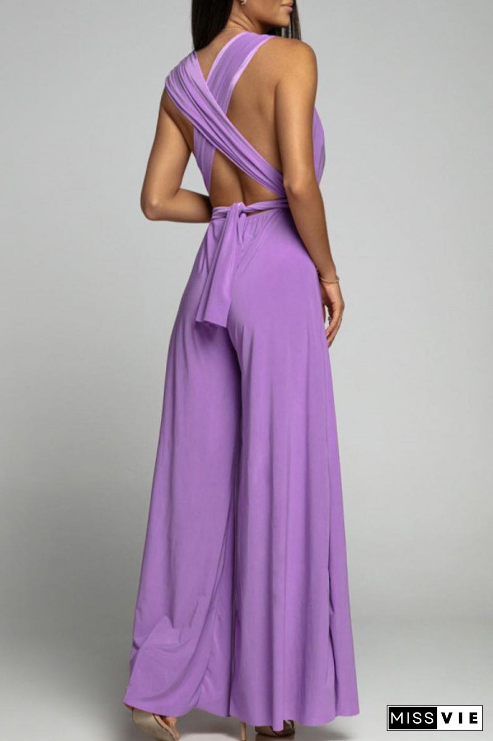 Casual Elegant Solid Backless Cross Straps V Neck Jumpsuits