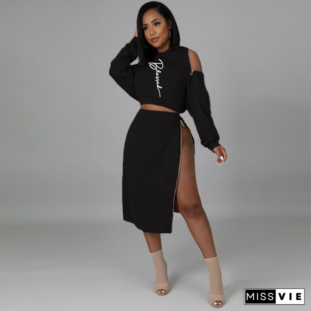 Letter Print Hooded Crop Top Zip Slit Skirt Set