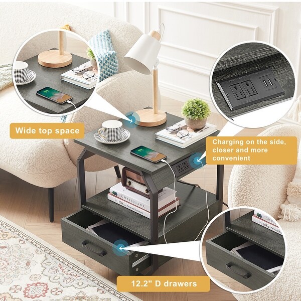 End Table with Charging Station， Side Table with USB Ports and Outlets - 17.3’’W*17.9’’D*21.2’’H