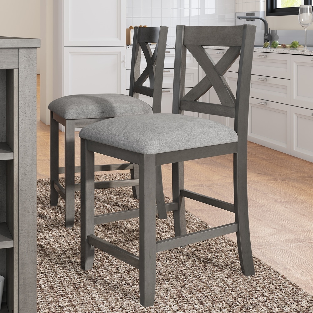 Rustic 5 Pieces Counter Height Dining Table Set Gray Wooden Bar Table Set with 3 Tier Storage Shelf  2 Stools and 2 Chairs