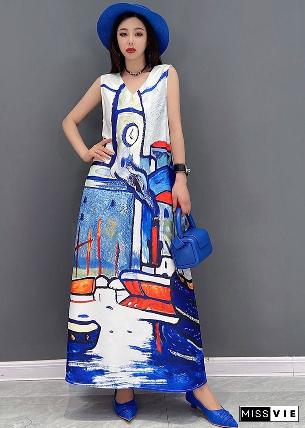 Beautiful White V Neck Graphic Print Chiffon A Line Long Dress Sleeveless