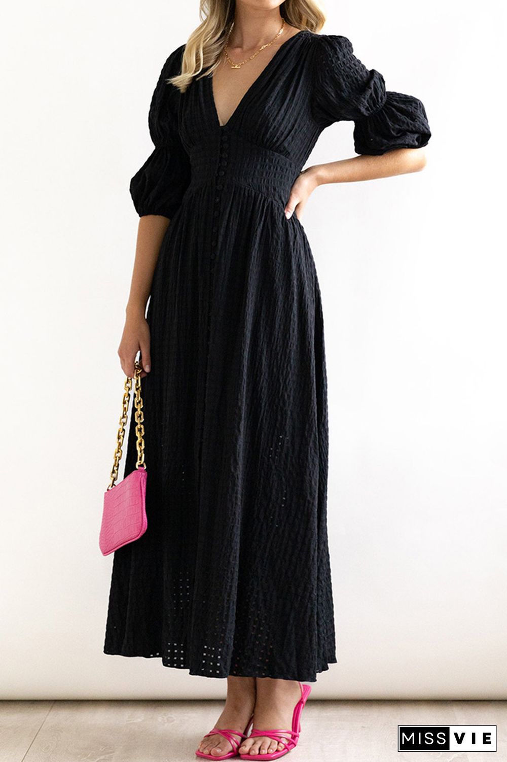 Eyelet Checked Button Up Long Split Dress