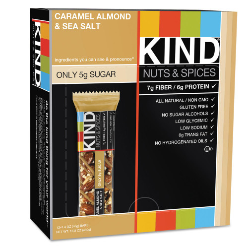 KIND Nuts and Spices Bar， Caramel Almond and Sea Salt， 1.4 oz Bar， 12/Box (18533)