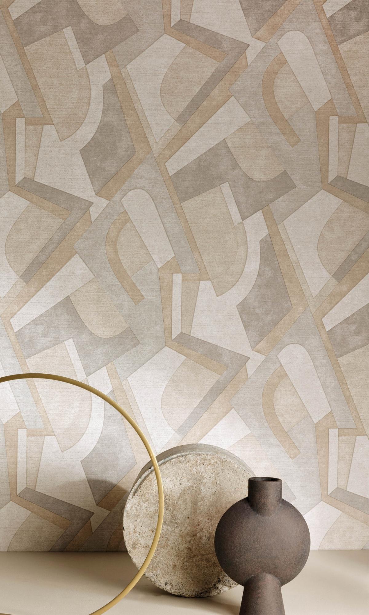 Bold Abstract Geometric Metallic Beige Wallpaper