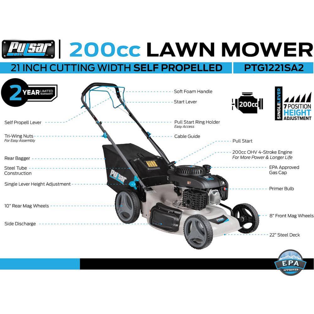 Pulsar 21 in 200 cc Gas Recoil Start Walk Behind Push Mower SelfPropelled 3in1 with 7 Position Height Adjustment