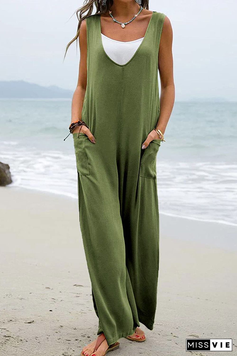 Plain V Neck Pockets Sleeveless Jumpsuit