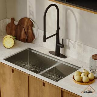 CASAINC Stainless Steel Sink 33 in. 16-Gauge Double Bowl Undermount Workstation Kitchen Sink in Brushed with Accessories CA-3319UT-BS