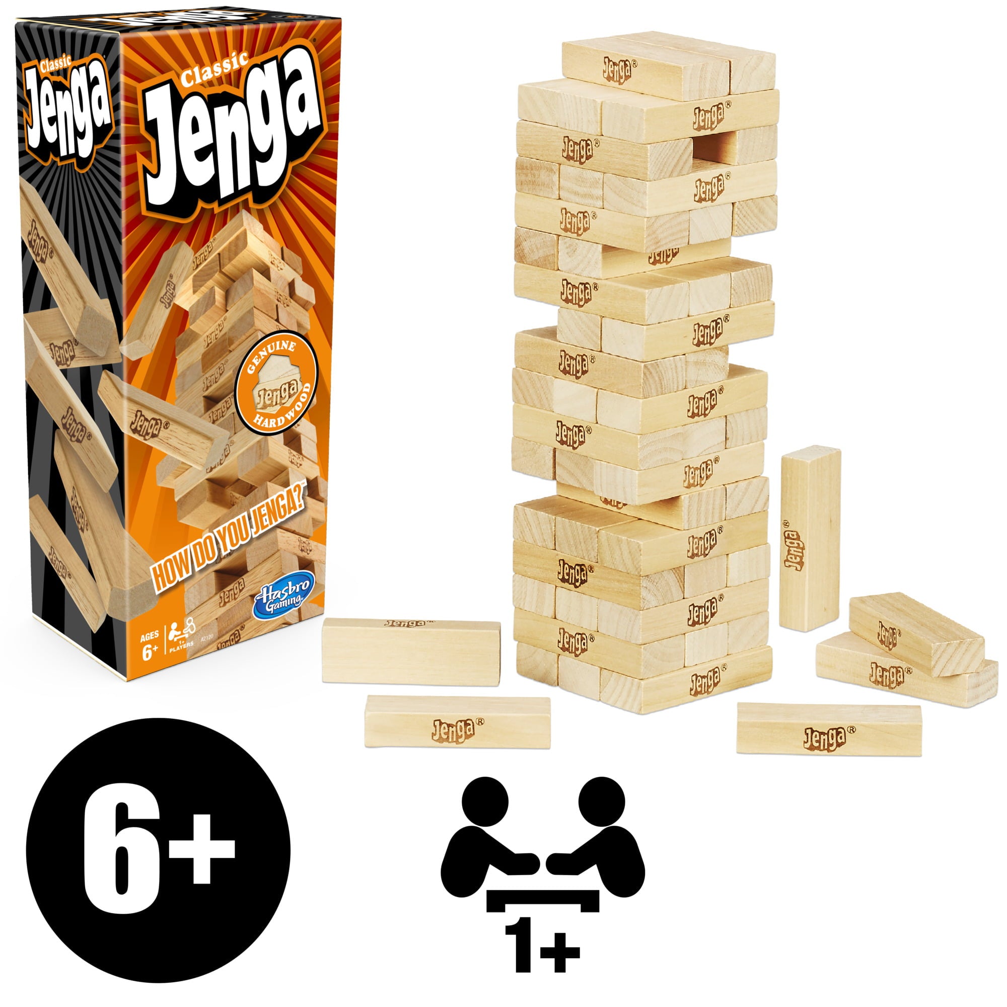 Jenga， Classic Game， Genuine Hardwood Blocks， Stacking Game for Kids Ages 6+