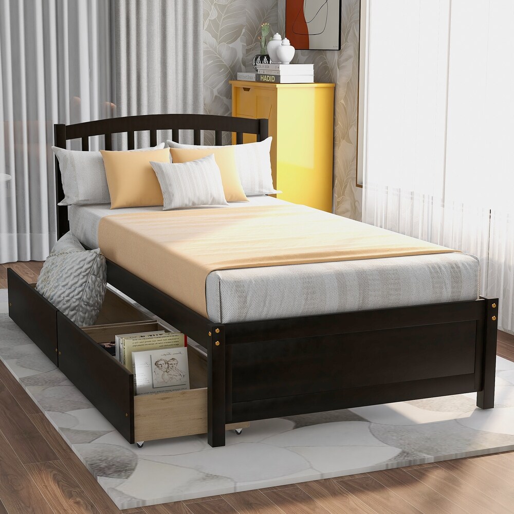 Twin Size Solid Wood Storage Platform Bed with Headboard   2 Drawers