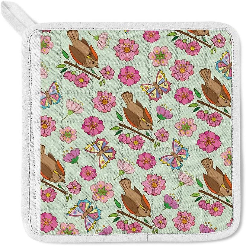 Kitchen Oven Mitts Glove Potholder Apron 3pcs Set Birds Flowers And Butterflies Non Slip Heat Resistant Mitts For Baking Cooking Bbq