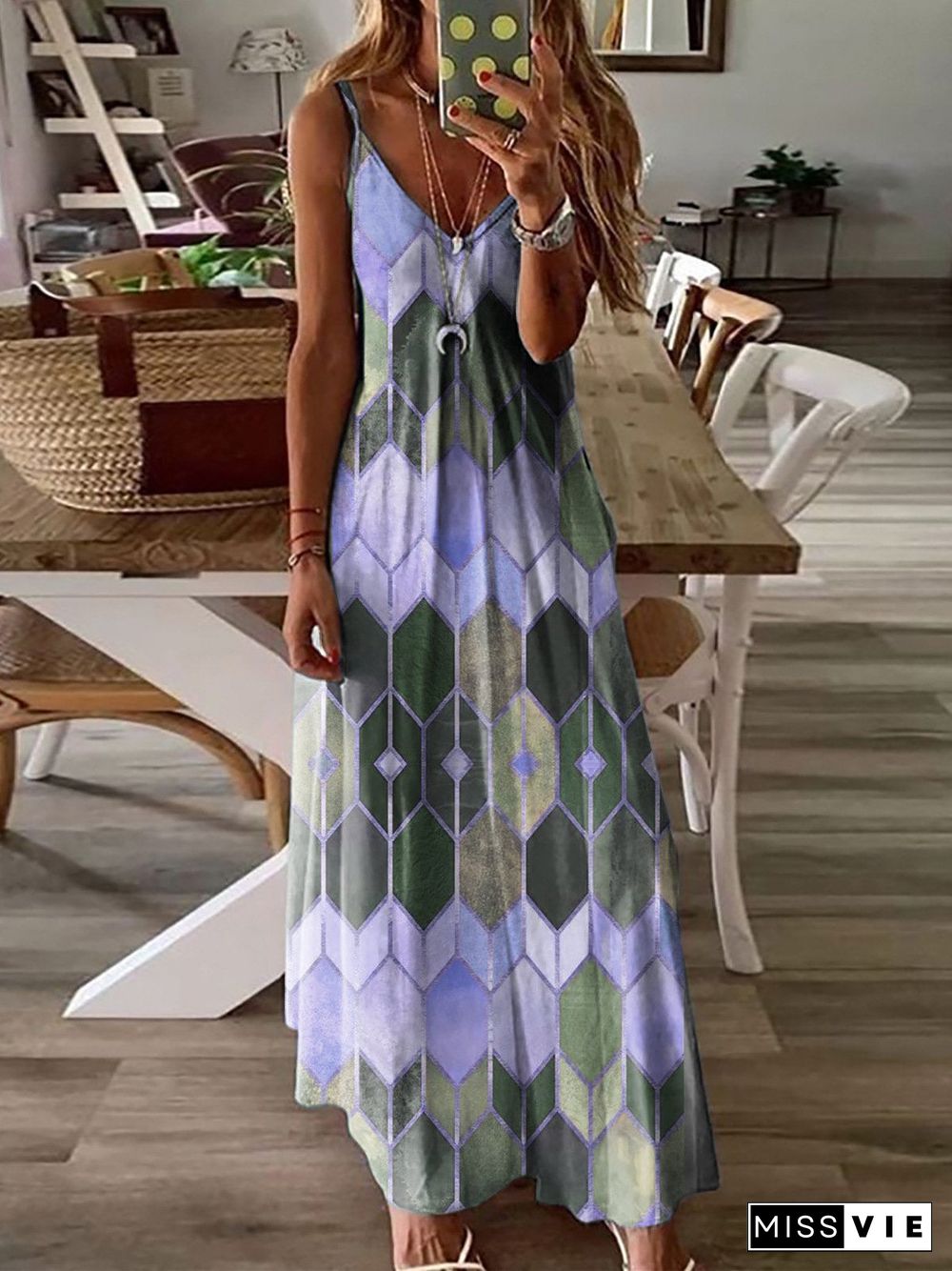 Spaghetti Strap Backless Sleeveless Tie-Dye Long Maxi Dress