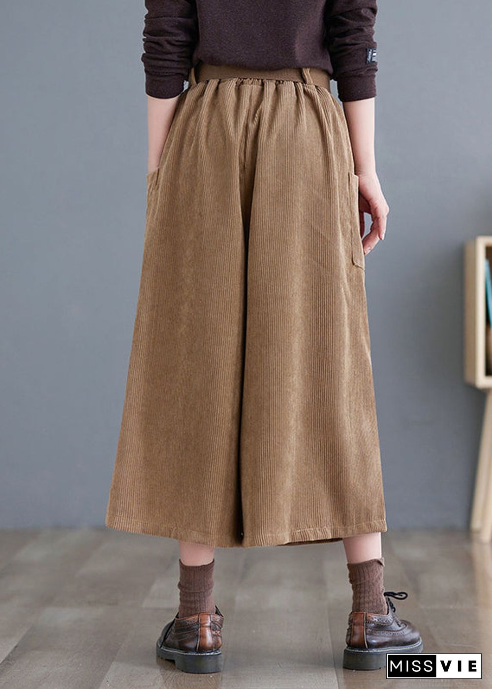 French Khaki Oversized Pockets Corduroy Pants Fall