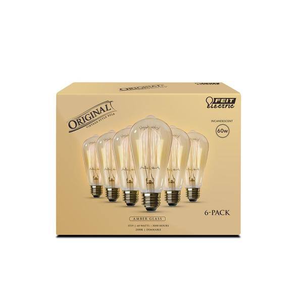 Feit Electric 60-Watt ST19 Dimmable Cage Filament Amber Glass E26 Incandescent Vintage Edison Light Bulb Warm White (6-Pack) 60ST196