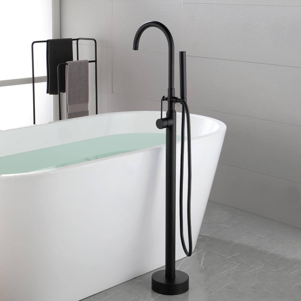 FORCLOVER Freestanding Single-Handle Floor Mounted Roman Tub Faucet Bathtub Filler with Hand Shower in Matte Black GeYSWNK25