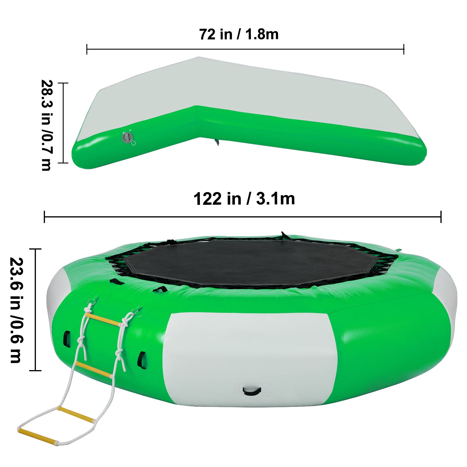 VEVORbrand Inflatable Water Trampoline 10ft ， Round Inflatable Water Bouncer with Yellow Slide and 4-Step Ladder， Water Trampoline in Green and White for Water Sports