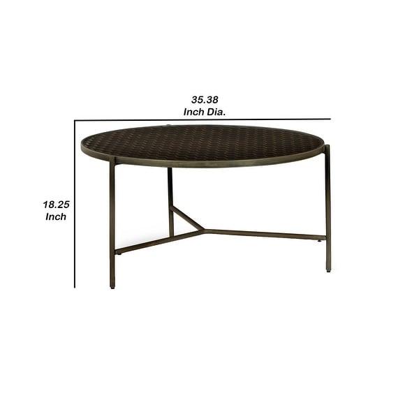 Modern 35 Inch Table， Crossed Metal Legs， Mango Wood Surface， Gray Brown