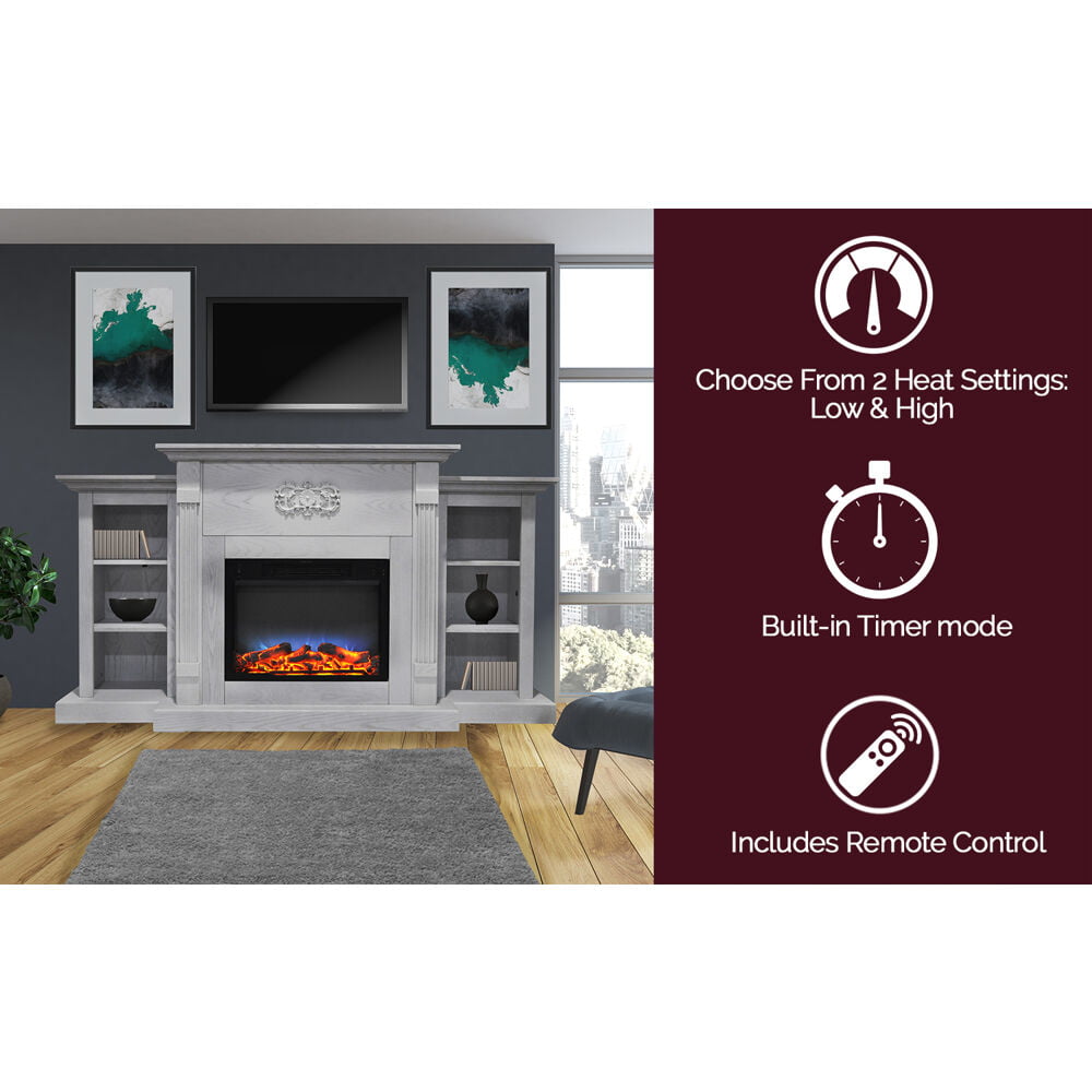 Cambridge Sanoma 72'' Electric Multi-Color LED Fireplace with Charred Log Insert | For Rooms up to 210 Sq.Ft | Remote | White Mantel | Adjustable Heat Settings | Storage | Timer