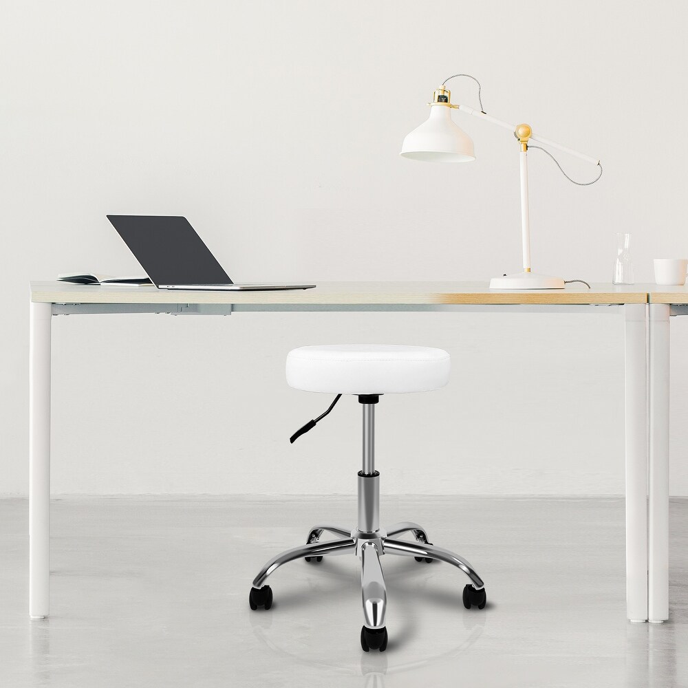 Round Stool Chair with Wheels Height Adjustable  White