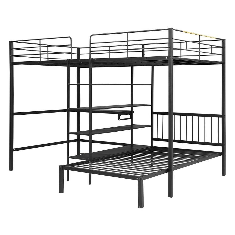 Full Over Twin Metal Bunk Bed  L Shaped Loft Bed Frame with Built in Desk  Shelves  Ladder  Storage Shelves  Black