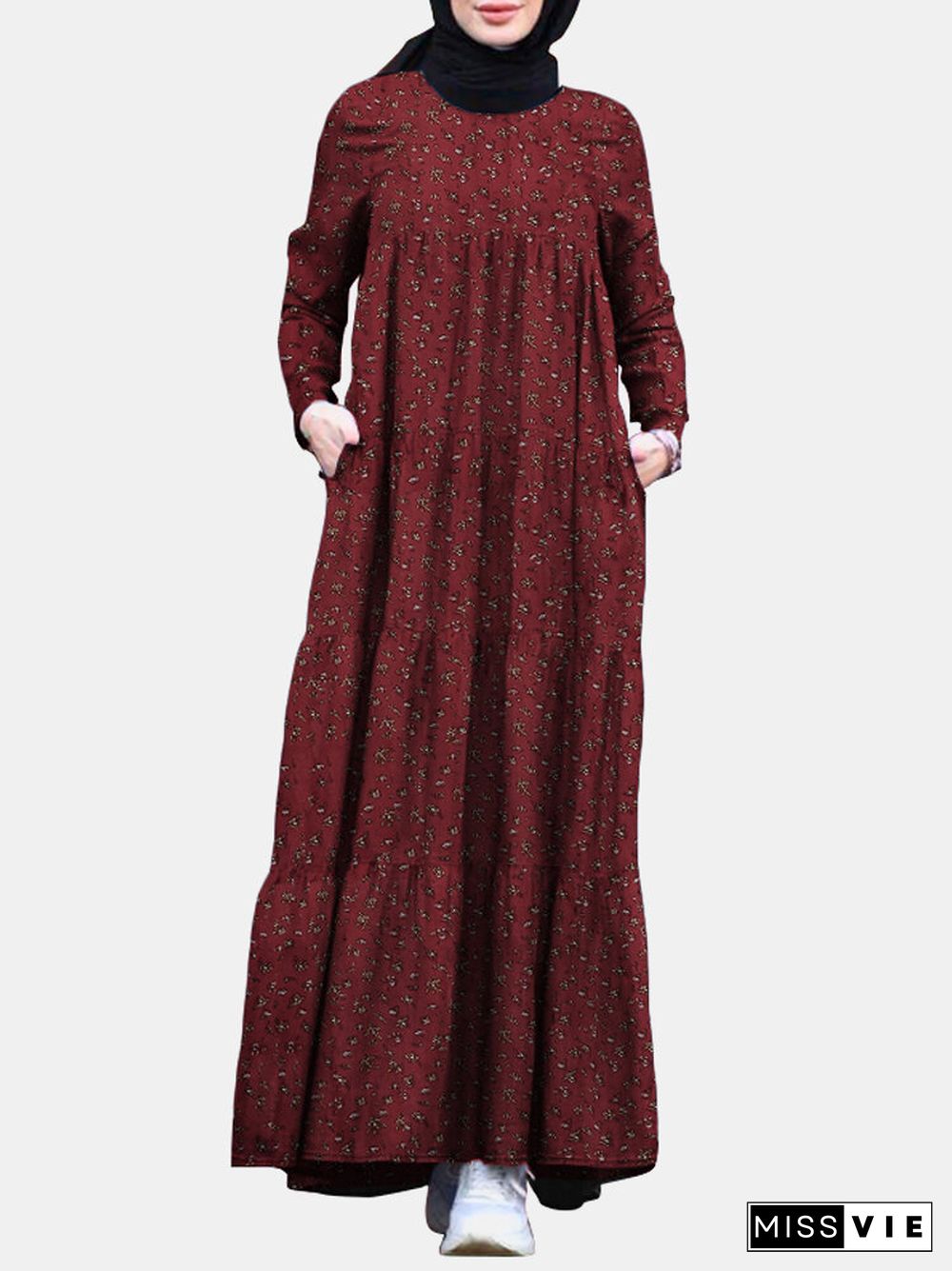 Floral Print Pocket Long Sleeve Casual Maxi Dress For Women