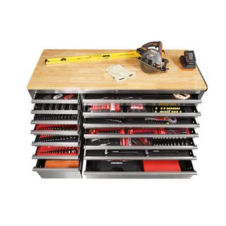 Husky 62 in. W x 24 in. D Standard Duty 14-Drawer Mobile Workbench Tool Chest with Solid Wood Top in Stainless Steel HOTC6214JX1M