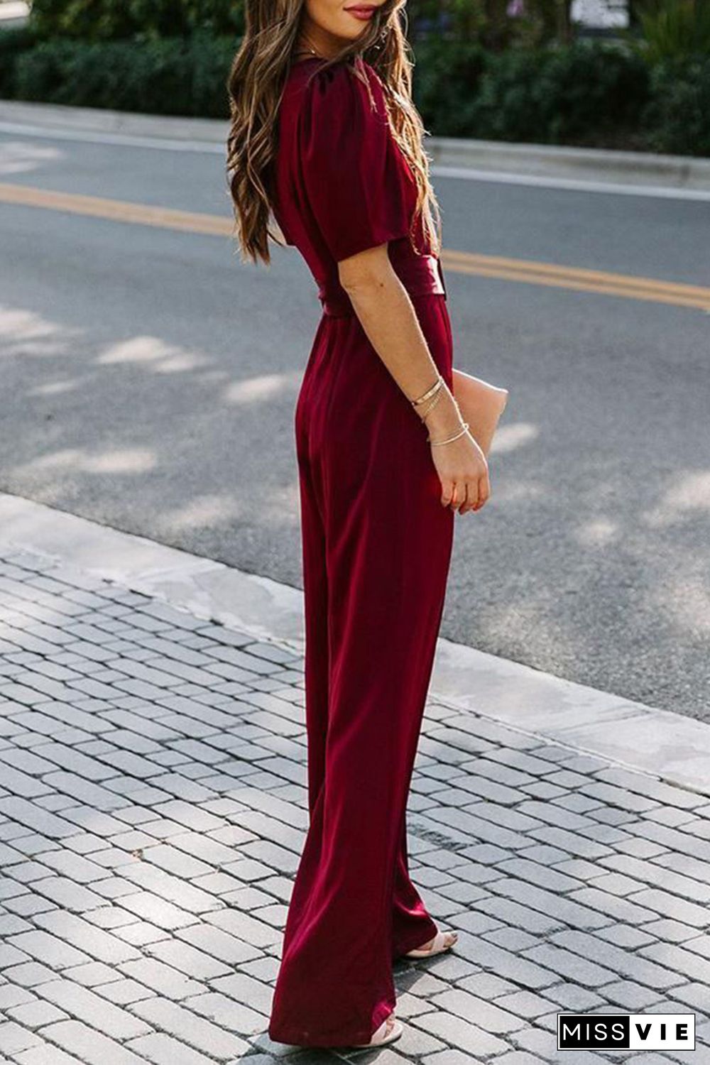 Burgundy Belted Square Neck Puff Sleeve Jumpsuit