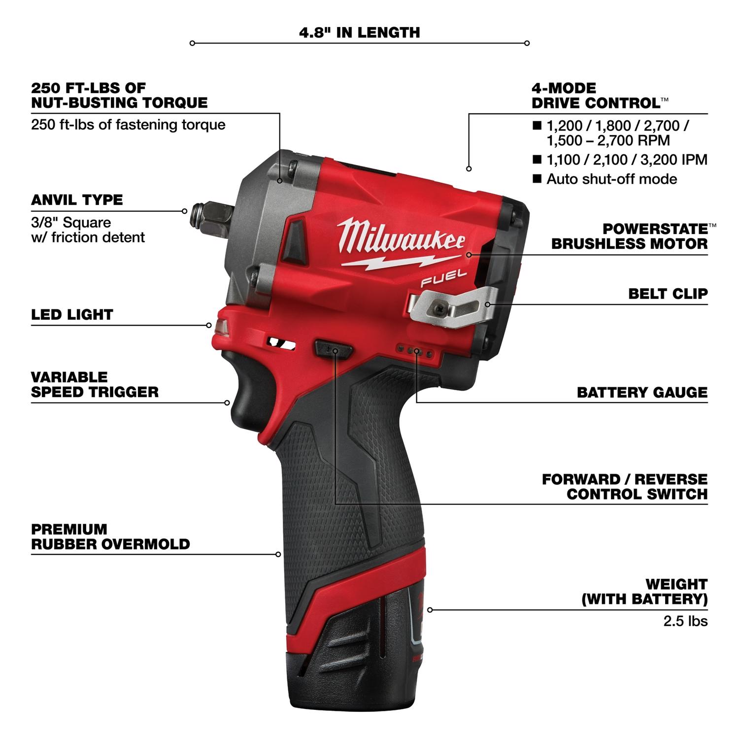 MW M12 FUEL 12 V 3/8 in. Cordless Brushless Stubby Impact Wrench Kit (Battery \u0026 Charger)