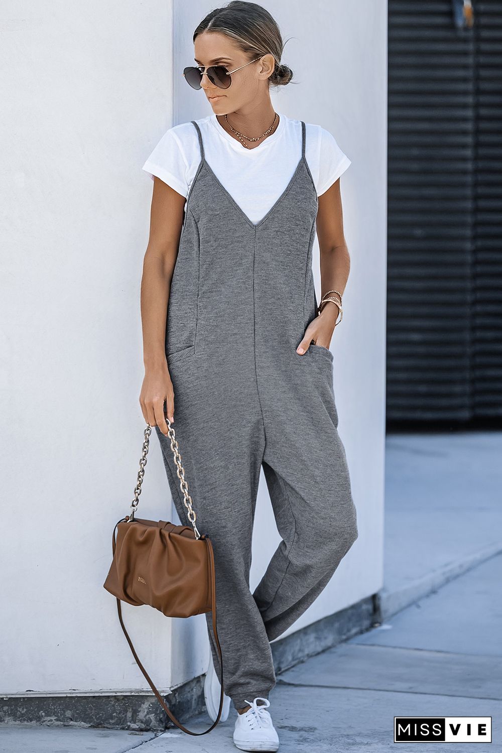 Gray Textured Sleeveless V-Neck Pocketed Casual Jumpsuit