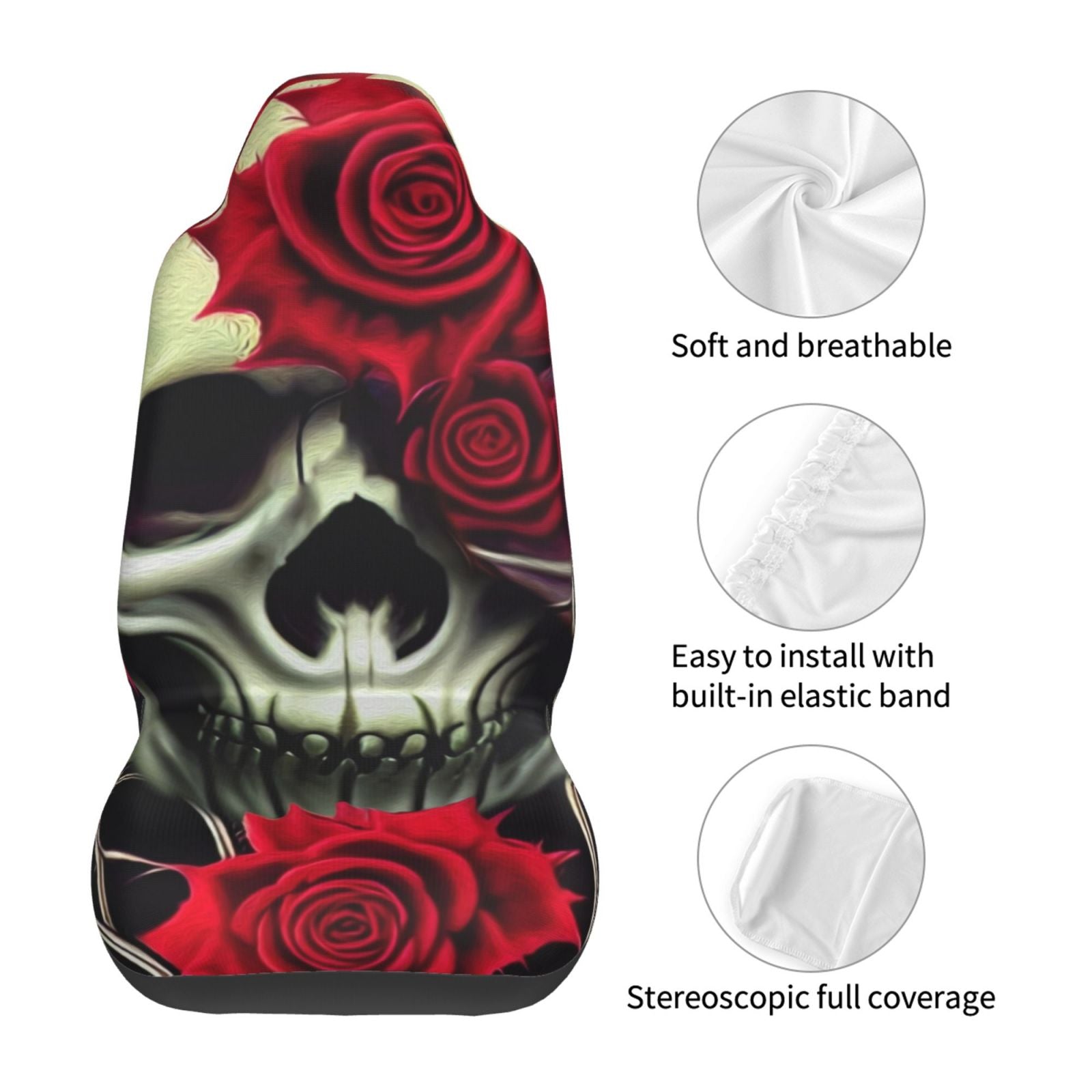 TEQUAN Front Seat Covers， Horror Gothic Death Skull Roses Pattern 2 Piece Car Seat Cover Fit Most Car SUV Truck Van